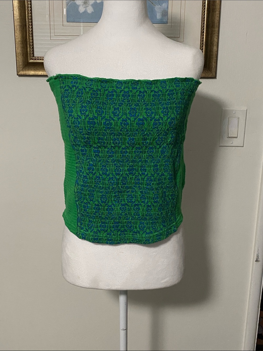 FREE PEOPLE Green Patterned Strapless Smocked Camisole Size XL